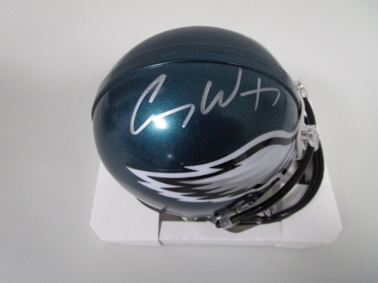 Carson Wentz of the Philadelphia Eagles signed autographed mini football helmet COA 037