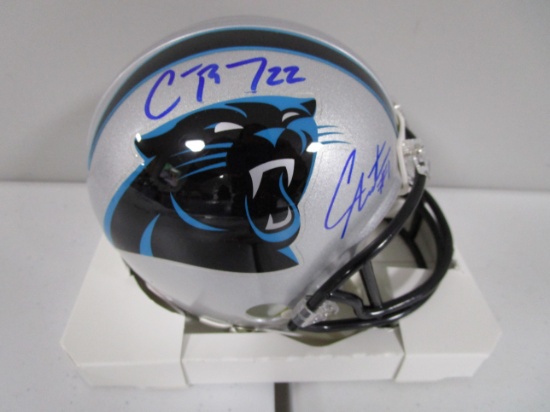 Cam Newton Christian McCaffrey Panthers signed football mini helmet PAAS 636