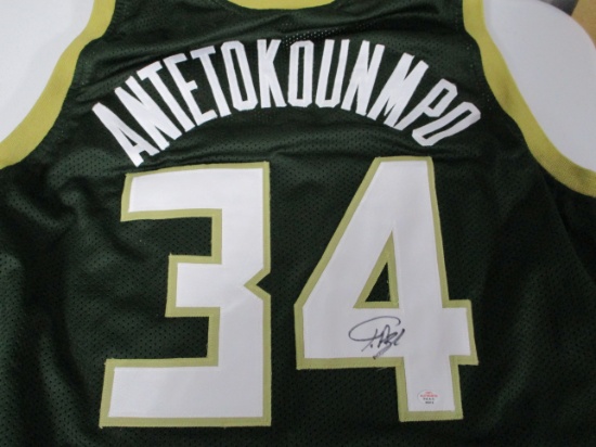 Giannis Antetokounmpo of the Milwaukee Bucks signed green basketball jersey PAAS COA 919