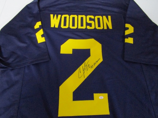 Charles Woodson of the Michigan Wolverines signed blue football jersey PAAS COA 706