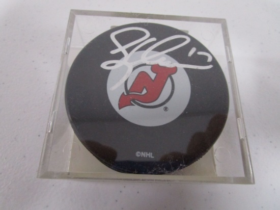 Peter Sykora of the New Jersey Devils signed autographed logo hockey puck Topps COA 048