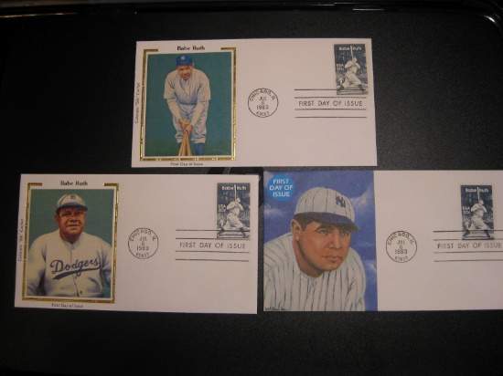 LOT OF 3 BABE RUTH CACHET FIRST DAY COVERS