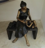 Bronze - Lady with child and cat sitting on Bench - Unsigned