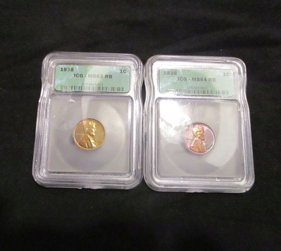 1938 -Lot of 2 - US Pennies - MS63 and MS64 RB by ICG