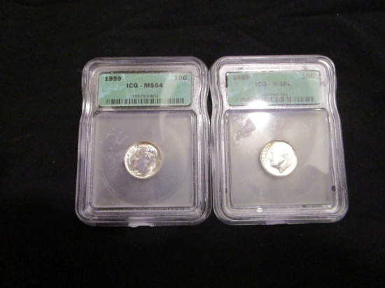 1959 -Lot of 2 - US Dimes - Graded MS64 by ICG