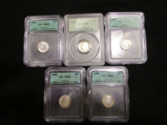 1962 - Lot of 5 - US Dimes - Various Grades