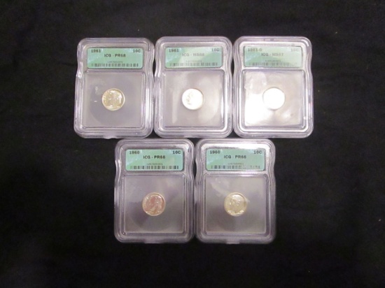 1960 & 1961 US Dimes - Lot of 5- Various grades ms66 to 68 by ICG