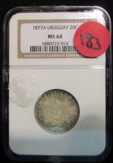 1877A Uruguay - 20 Centesimos -Graded by NGC - MS64