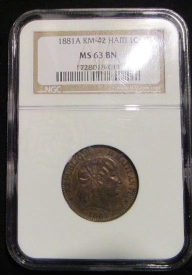 1881A Haiti -1 Centime- Graded by NGC - MS63 BN