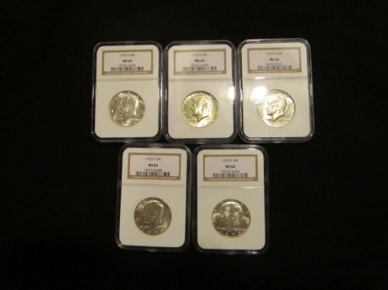 1970D US Half Dollars - Lot of 5- Graded MS 64 by NGC