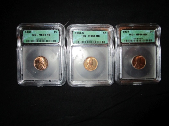 1934 and 1937, Lot of 3 US Pennies -Graded by ICG MS 64 and MS 65