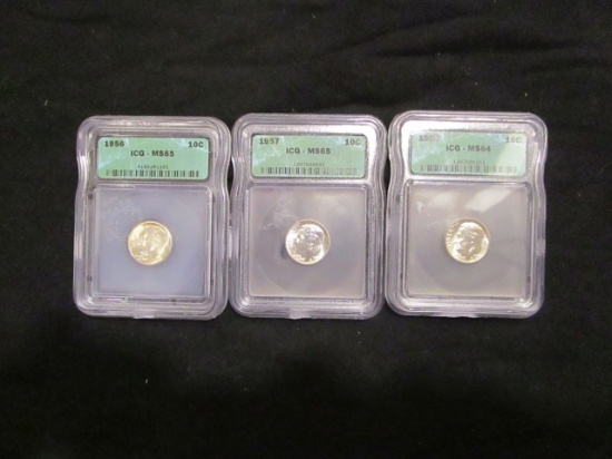 Lot of 3 US Dimes, 1956-1958 - Graded MS64-65 by ICG