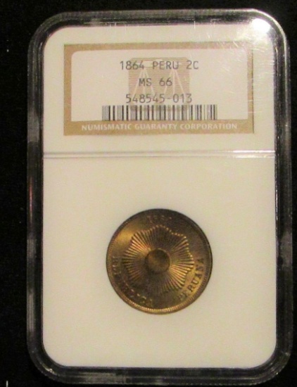 1864 Peru 2 cents - Graded MS66 by NGC