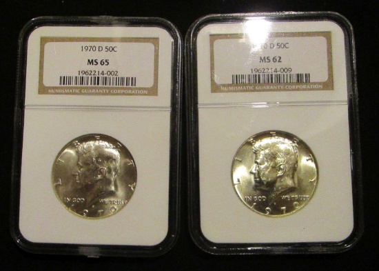 1970D Lot of 2 US Kennedy Half Dollars - Graded MS62 & MS65 by NGC