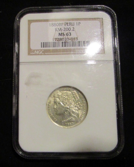 1880BF Peru 1 peso - Graded MS63 by NGC