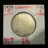 1959 J Germany - 5 Mark - XF-45 - Silver