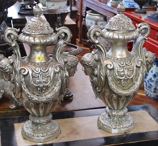 One pair  Bronze with silver glaze Greek jars