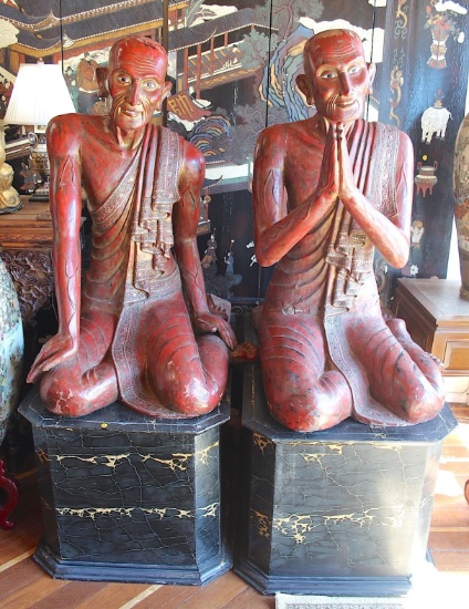 One Pair Hand carved wooden praying monks with lacquer finsish  and mother of pearl insert in eyes o