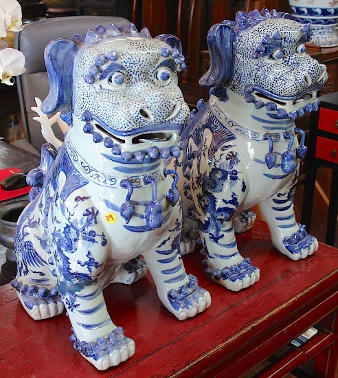 One pair Porcelain Blue and white standing foo dogs protecting house holds and bringing luck