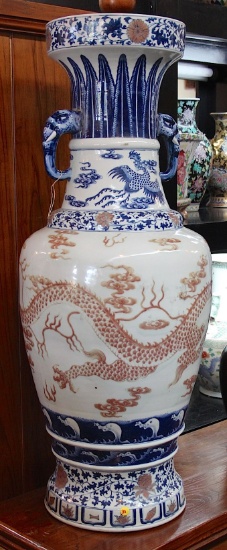 Porcelain hand painted Blue and Red vases with dragons and phonix patterns and elephant handles