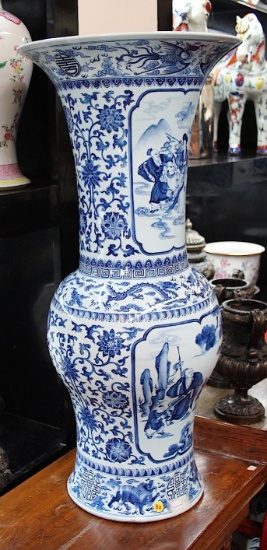 Porcelain hand painted blue and white trumpet shape vase