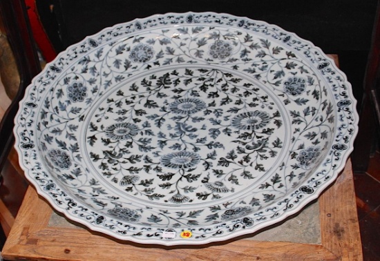 Porcelain hand painted Blue and White charger plate with scallop edge design