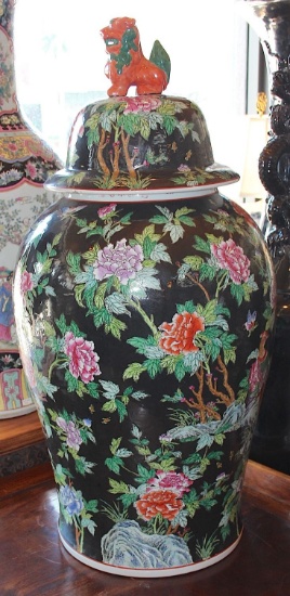 One pair   Porcelain hand painted Famille Noire palace temple jars with twin phonix and flowers desi