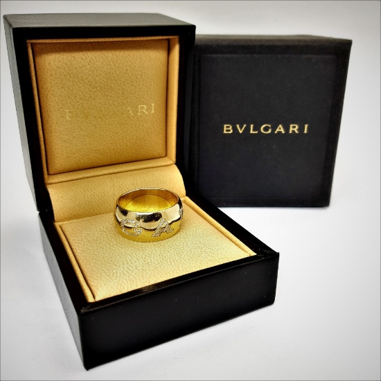 BVLGARI 18k Gold Diamond Monologo Wide Diamond Band Ring Size 57