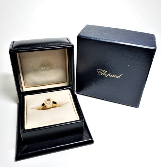 Designers Womens Chopard Floating Diamond 18k Yellow Gold Ring Box
