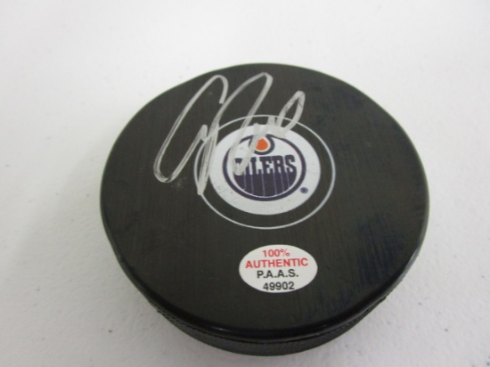 Connor McDavid of the Edmonton Oilers signed autographed logo hockey puck PAAS COA 902