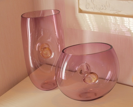 PAIR OF PINK GLASS BOWLS  ARTIST SIGNED- UNKNOWN