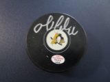 Mario Lemieux of the Pittsburgh Penguins signed autographed logo hockey puck PAAS COA 840