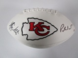Patrick Mahomes Travis Kelce of the Kansas City Chiefs signed logo football PAAS COA 593