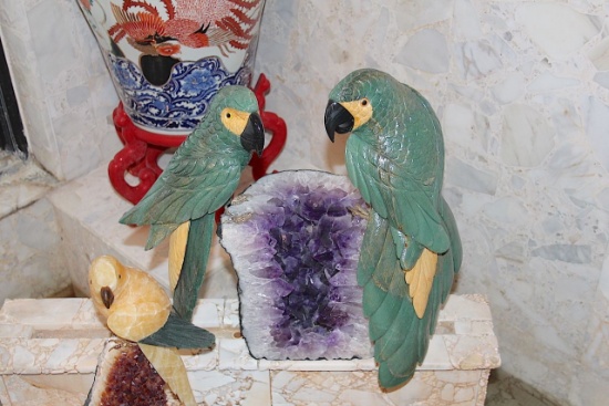 2 Large Green Parrots on Amethyst Base