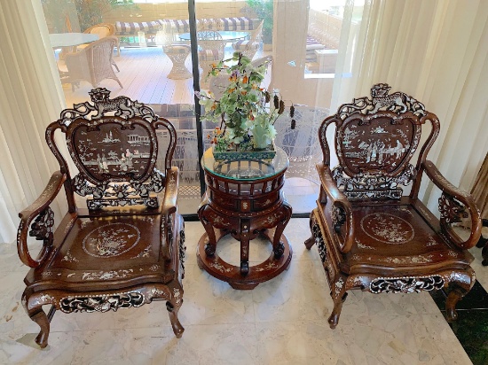 Mother of Pearl inlay Hand carved wood Chairs - Pair