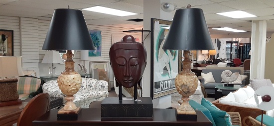 Pair of Carved Amber Alabaster Table Lamps