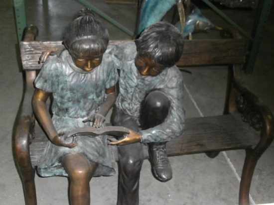 44" Bronze Girl and Boy Reading Book on Park Bench