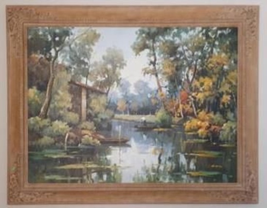 Man Rowing on Canal - Originan Artwork signed by Walton - 43 x 56 inches