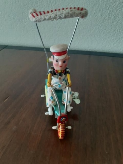 Wind-up Man on Delivery bike - working Vintage Toy