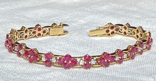 Ladies 7 1/8" 14K Yellow Gold natural Ruby and Diamond Bracelet