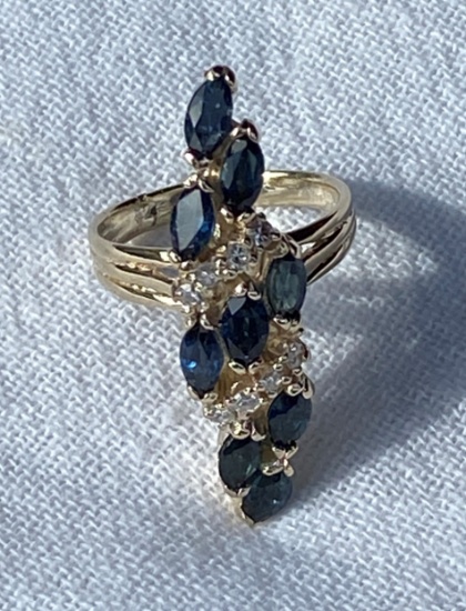 Ladies 14K Yellow and Gold natural Sapphire and Diamond Ring