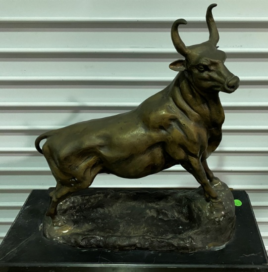 15" Tall x 14" Wide Bronze Sculpture titled "BULL" and mounted on a Marble Pedestal Base