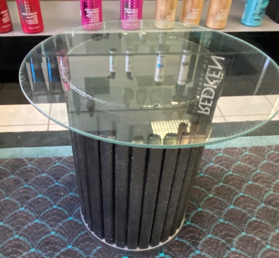 Small Glass top Column Table for waiting room quests