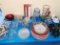 Table Lot of: Glass Bowls, Napkin Rings, Decanters, Plates, Etc