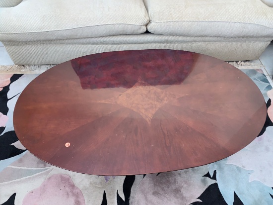 Oval Coffee Table, 30" X 50", Double Base, Center Marquetry