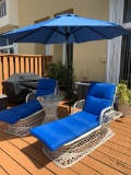 Patio Furniture Set: (2) Lounge Chairs (fiberglass base), Umbrella and Glass Top Table