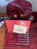 Mirrored Oval Serving Tray, Red Punch Bowm Set, Fruit Knives, Lot