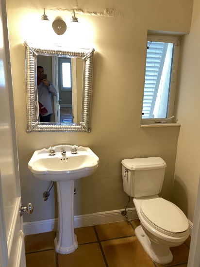 Complete Bathroom including : Pedestal Sink, American Standard Toilet, Decorative Metal Framed Mirro