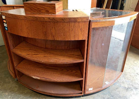 Two piece Rounded Cash Register merchandising Stand with three wood Shelves in one unit and three ro