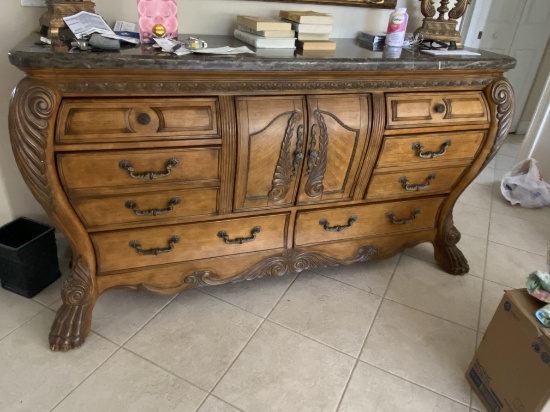 71"W Ornate Footed Console with (8) Draws and a Center Cabinet Carved Filigree Design and Faux Marbl